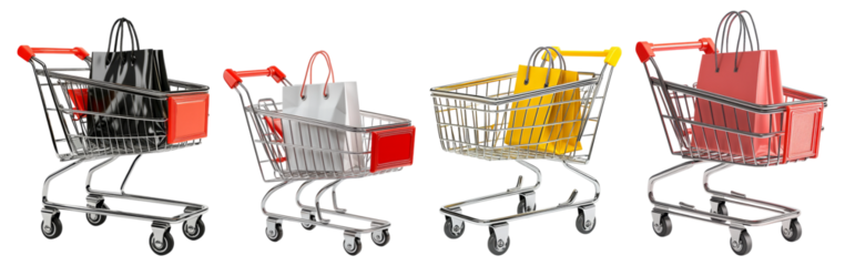 Shopping Carts with Colorful Bags for Retail Experience Display, Isolated on Transparent Background