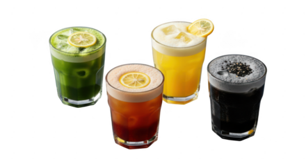 Selection of colorful and refreshing summer cocktails isolated on transparent background, perfect for hot days and social gatherings, offering a variety of flavors and presentations