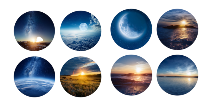 Serene Earth Perspectives: Sky, Sea, and Celestial Views, set collection, mega bundle, isolated on transparent background
