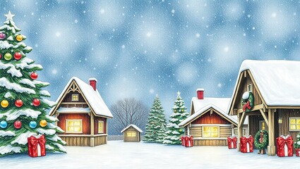 A painting of a snowy village with a christmas tree and presents