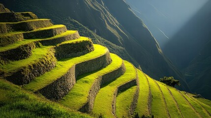 The ancient agricultural terraces of the Inca in Peru, a stunning feat of engineering, climbing a steep mountainside like a giant staircase, lush and green, golden hour lighting.