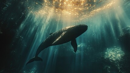 Fototapeta premium Majestic Humpback Whale Swimming Gracefully in Sunlit Ocean Depths.