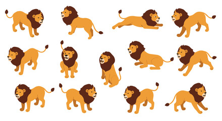 Playful cartoon lions in various poses on white background