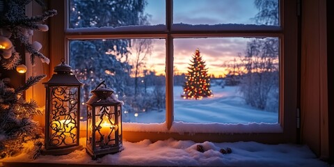 View through a romantic decorated window with lantern and candlelight to a romantically lit Christmas tree in the snow