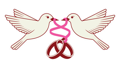 Two cream colored doves holding a pink ribbon and wedding rings in their beaks bird