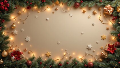 Festive Christmas Wreath Border with Gifts and Lights