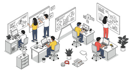 Collaborative office environment with teamwork and digital technology in isometric style
