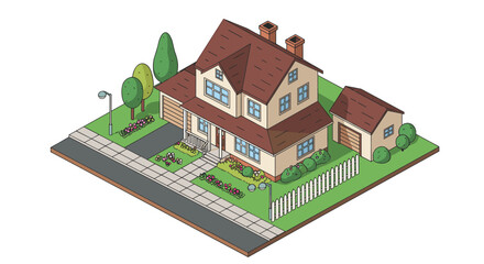 Charming isometric suburban house with garden and garage on a quiet street