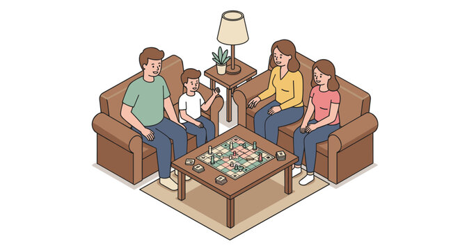 Family game night in living room with cozy decor and board game enthusiasts
