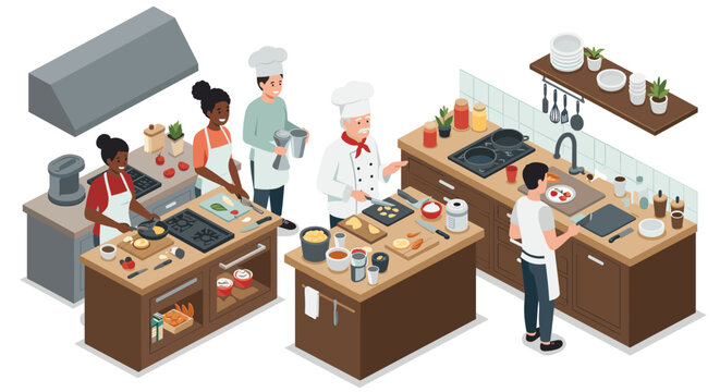 Isometric kitchen scene with chefs preparing gourmet dishes in modern culinary setting
