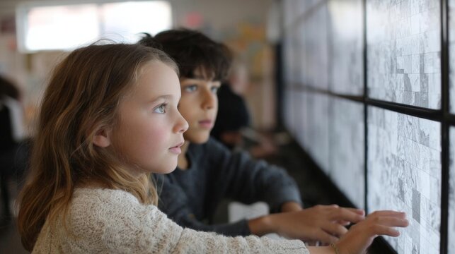 Two young children, a boy and a girl, sitting in front of a large blackboard in a classroom.