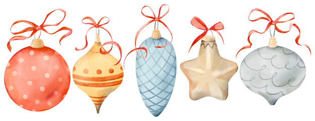 Watercolor hand-drawn Christmas set of baubles with elegant red bows isolated on a white background. New year collection.
