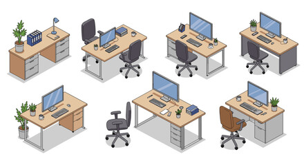 Modern isometric office desk setups with computers and chairs in various arrangements