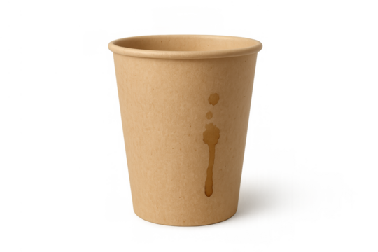 Disposable brown kraft paper cup with coffee stain, representing takeaway beverages and eco-friendly packaging