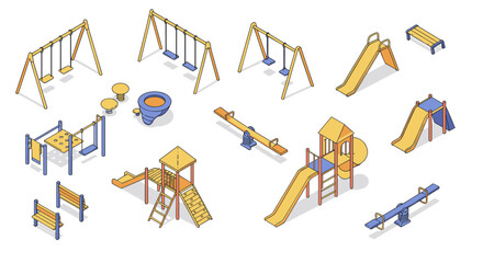 Isometric playground elements with slides, swings, and climbing structures