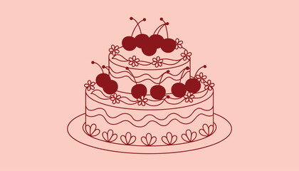 Two tier red line art cake with cherries and flower decorations on a light pink background dessert sweet