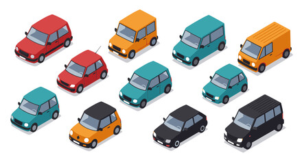 Naklejka premium Isometric cars collection: colorful compact and cargo vehicles