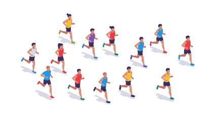 Isometric runners in motion on a white background