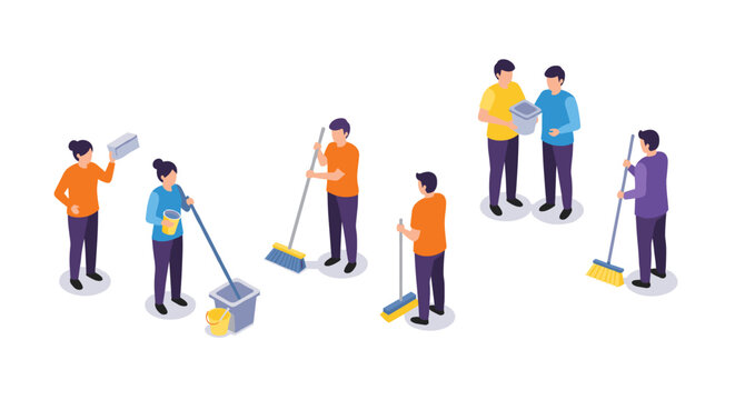 Isometric characters engaged in various cleaning activities with brooms and buckets