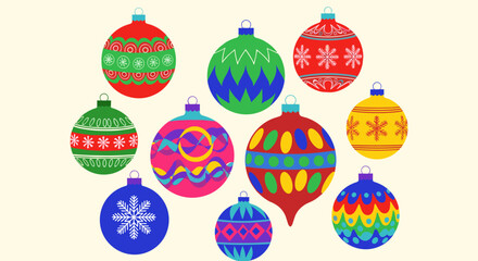 Collection of colorful and festive Christmas ornaments with diverse patterns and designs on a cream background.