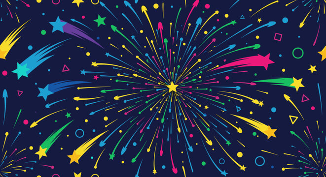 A vibrant dark blue background filled with colorful exploding fireworks and shooting stars.