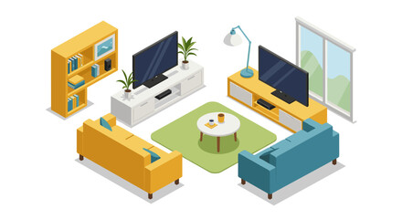 Modern isometric living room interior design with colorful furniture and electronics