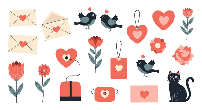A charming collection of Valentine's Day themed illustrations with hearts, birds, flowers, and a cat.