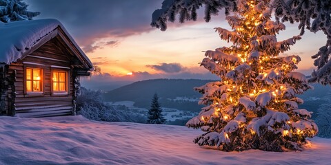 a Christmas tree with candles stands in the snow next to a lonely romantically lit hut in mountains