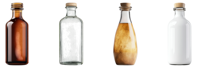 Assorted Bottles with Cork Tops Featuring Different Liquid Colors, Isolated on Transparent Background