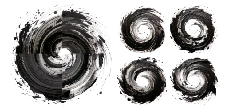 Abstract swirls of black and white paint on a textured background, Isolated on Transparent, white background