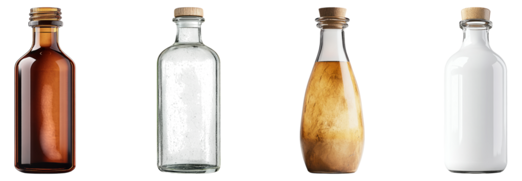 Assorted Bottles with Cork Tops Featuring Different Liquid Colors, Isolated on Transparent Background