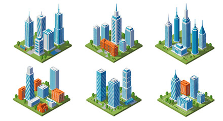 Obraz premium Stylish isometric cityscape collection with modern skyscrapers and urban architecture
