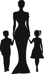 woman standing and holding two child hand