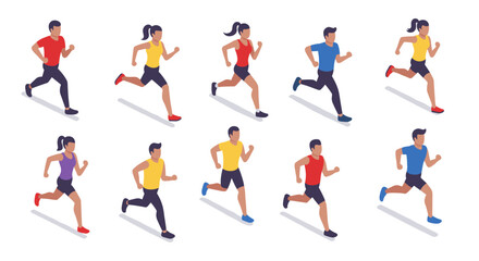 Isometric runners in motion: diverse athletic figures in active poses