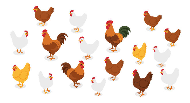 Colorful isometric farm chickens and roosters on white background