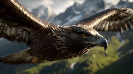 Majestic golden eagle soaring over rugged mountains, showcasing its powerful wings and sharp gaze amidst breathtaking natural scenery, embodying freedom and agility in flight.