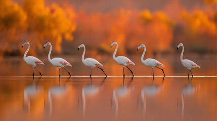 Elegant Flamingos Walking Gracefully in a Tranquil Lagoon Surrounded by Golden Autumn Foliage, Perfect for Nature and Wildlife Photography Enthusiasts
