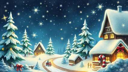 A painting of a snowy village at night