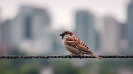 Close-Up of a Sparrow Perched on a Wire Against a Blurred Cityscape Background, Capturing the Essence of Urban Nature and Serenity in an Urban Environment