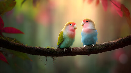 Two Colorful Lovebirds Sitting on a Branch Surrounded by Vibrant Leaves in a Serene Natural Setting Ideal for Nature Lovers and Bird Enthusiasts