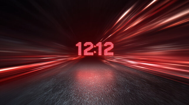 Digital clock display showing time 12:12 in a futuristic setting with motion blur and red light streaks creating a dynamic and energetic atmosphere