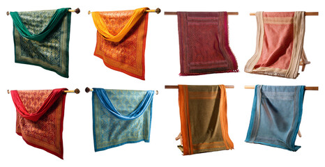Traditional woven textiles displayed on stands isolated on transparent background