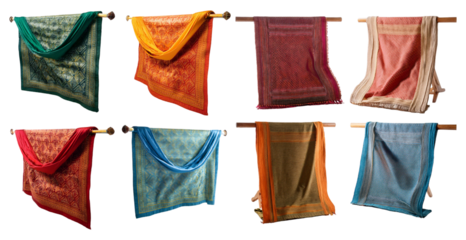 Traditional woven textiles displayed on stands isolated on transparent background