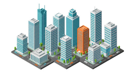 Obraz premium Modern cityscape with skyscrapers in isometric style featuring roads and cars