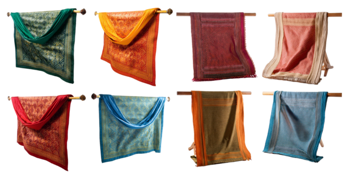 Traditional woven textiles displayed on stands isolated on transparent background