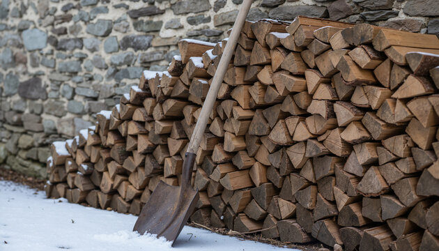 A practical shovel leaning against a large firewood stack on a snowy day with a stone wall background [with copy space]