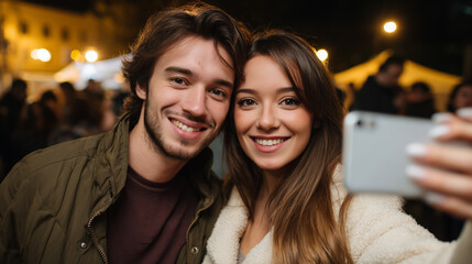 Young couple taking selfie together at outdoor festival nighttime smiling radiantly surrounded by blurred festive lights in background enjoying moment