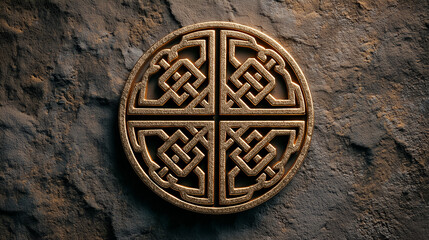 Celtic knot ornament on aged textured surface, golden metallic symbol