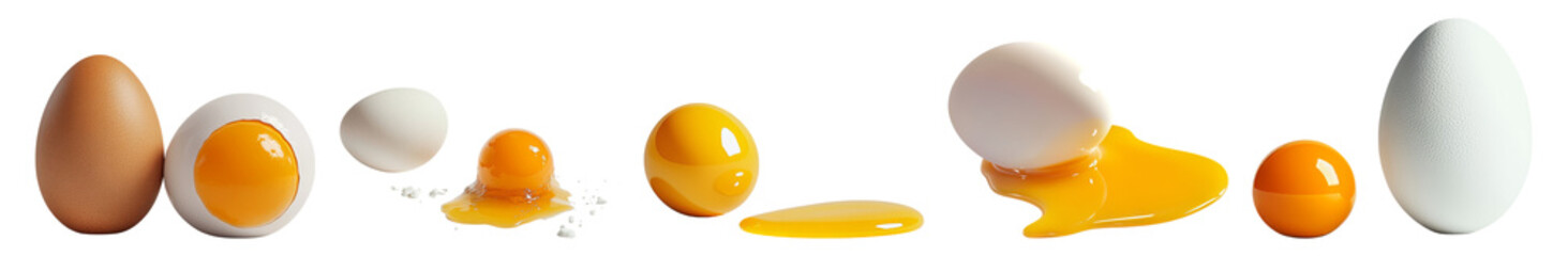 Variety of Eggs and Egg Yolks Displayed on a White Background, Isolated on Transparent Background
