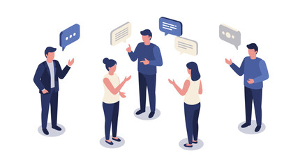 Obraz premium Team discussion in isometric style with speech bubbles on white background